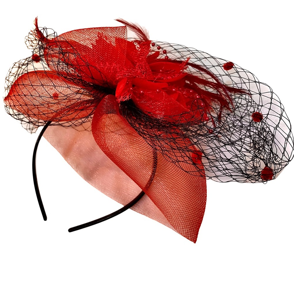 NEW Vintage Red Hat feather Crinoline Black Veiling Bow